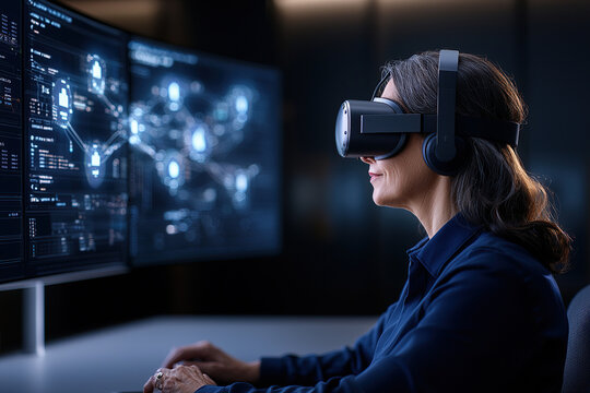 Woman wearing virtual reality headset engages with digital data on multiple screens, showcasing advanced technology and innovation