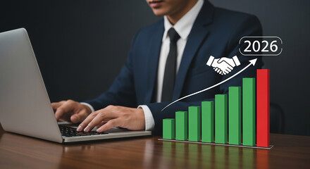 Businessman showing green growth bar chart and handshake icon representing successful business partnership collaboration and financial profit
