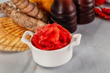 Pickled red ginger in the bowl