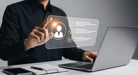 Businessman reviewing digital checklist on transparent screen representing planning approval organization and task verification process
