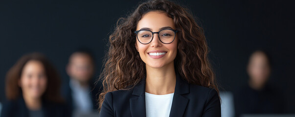 Fototapeta premium Confident woman with curly hair and glasses smiles in professional setting, showcasing positive and engaging atmosphere