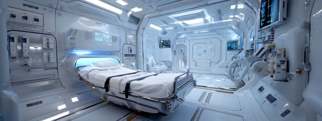 futuristic medical module inside space station, patient bed with safety straps, scanning equipment mounted,  medical instruments and monitors. banner