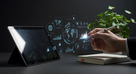 Businessman analyzing global data on tablet, exploring technology and business innovation