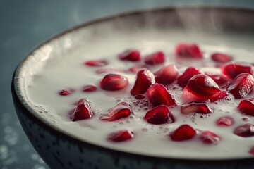 clowe up of bowl of coconut milk and pomegranate seeds on blurred background  Healthy breakfast concert.
