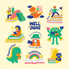 Cartoon-style back to school sticker illustrations with kids, books, dinosaurs, monsters, and encouraging reading phrases in bright playful colors