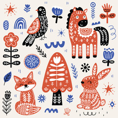 Hand-drawn cute animals and trees with folk boho patterns in red, black, and white for children’s decor, storytelling, and seasonal design.