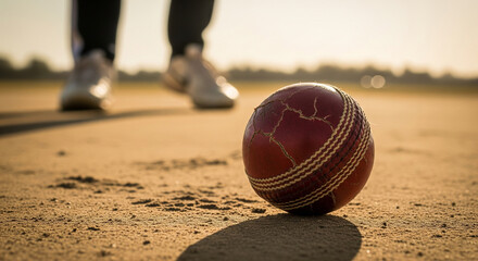 Worn cricket ball rests on the field, waiting for the next play in the golden light, showing wear and tear of a well-loved game.