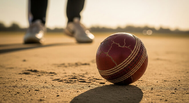 Worn cricket ball rests on the field, waiting for the next play in the golden light, showing wear and tear of a well-loved game. - Powered by Adobe