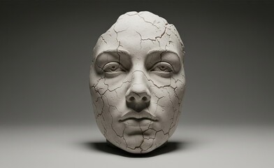 A cracked stone sculpture of a human face, symbolizing fragility, time, and the passage of life. Dramatic texture and lighting create a powerful expression of decay and resilience.