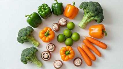Fresh Vegetables and Fruits on White Background
