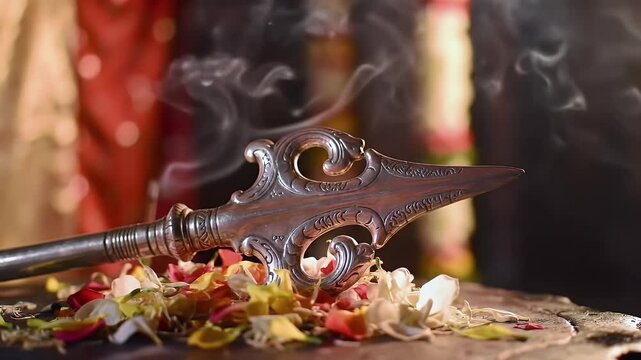 silver Vel spear (symbol of Murugan) placed on the altar with flower petals and incense slowly rising, blurred background of typical red and gold cloth of the temple