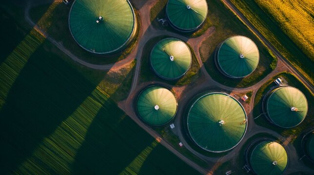 Aerial top view of a biogas production plant with green storage tanks. Sustainable energy source and eco friendly industry concept.