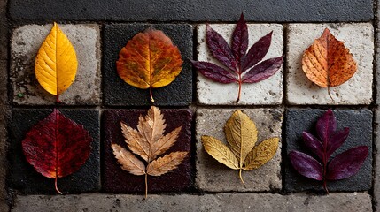 Top-down view of dried autumn leaves arranged in symmetrical grid on rough sidewalk surface, warm earthy tones and minimal design with natural balance