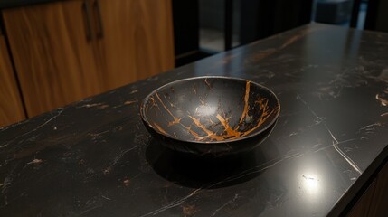 A black bowl with gold splatters sits on a black marble countertop.