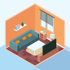 Isometric illustration of a modern living room with sofa, TV, books, and decorative plants in a compact layout.