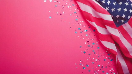 Fototapeta premium Pink background with American flag and star confetti Patriotic celebration design