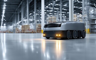 Autonomous delivery robot moving across a clean warehouse floor