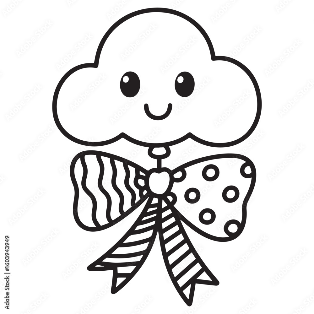 Fototapete  A black and white line art illustration of a charming balloon shaped like a smiling cloud, featuring a patterned ribbon flowing downwards with alternating stripes and polka dots.