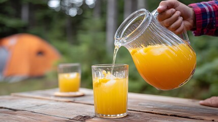 pouring a glass of orange lemonade from a pitcher, campingground, picknick table