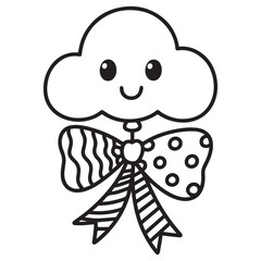  A black and white line art illustration of a charming balloon shaped like a smiling cloud, featuring a patterned ribbon flowing downwards with alternating stripes and polka dots.
