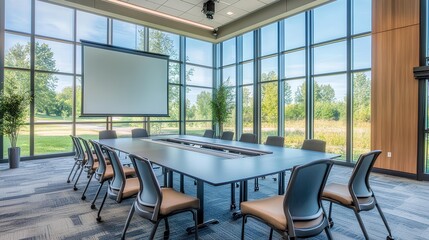 Conference Room Brilliance: A sun-drenched conference room exudes modern elegance, with a long.