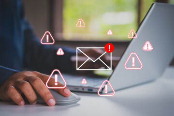 Email security threat and spam warning concept. Person click email with red warning icons and envelope representing email threats, phishing, spam alerts, cybersecurity risk in digital communication