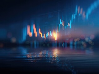 Financial market data displayed over a city skyline reflected in water