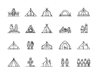 Volunteer Camp minimalist 2D line icon set