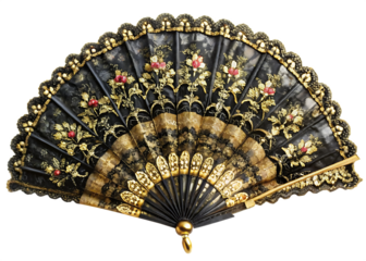  ornate black ace folding fan open showcasing  on white isolated on white background PNG, AI GENERATED