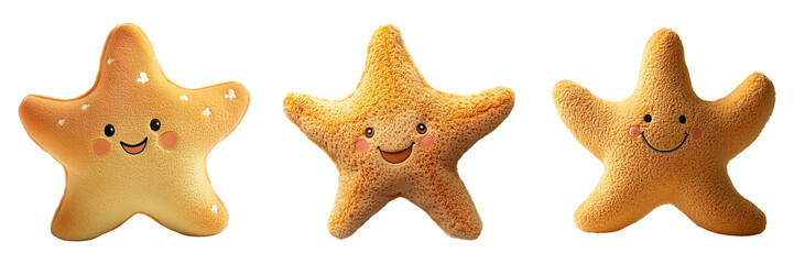 Set of Soft and Colorful Stuffed Starfish Characters with Friendly Expressions on Transparent Background