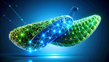 Digital Cells with Glowing Connection Nodes on Blue Background