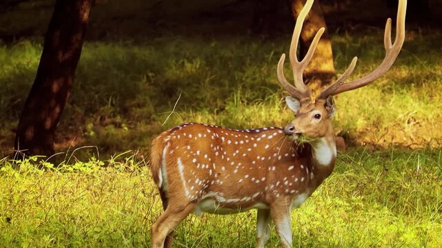 A stunning spotted deer (chital or axis deer) with large antlers stands alert on a grassy field under low light, possibly during dusk or nighttime. Its spotted fur