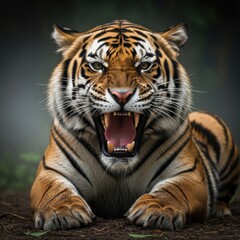 Fototapeta premium Majestic Tiger Roaring Ferociously in a Dark Forest Setting Capturing Intense Power and Wild Beauty
