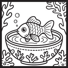 A black and white line art illustration of a charming goldfish swimming gracefully in a stylized bowl with swirling water patterns.
