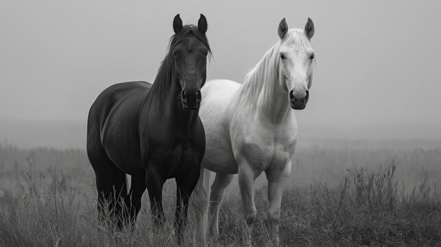 Two majestic horses, one black and one white, standing together in a misty field.