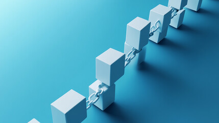 White cubes linked by a chain on blue background a visual representation of connection and sequence