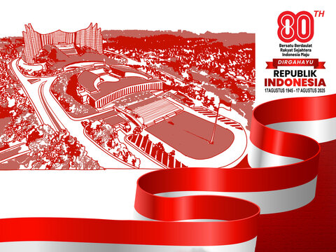 Indonesia Independence Day.  Anniversary 80th of Republic of Indonesia Independence day background with red white ribbon and a sketch concept of IKN Nusantara as the new capital city of Indonesia.