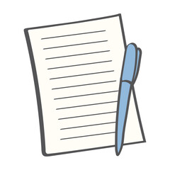 Flat vector illustration of a lined sheet of paper and a blue pen. Ideal for topics on writing, studying, journaling, planning, or office work. Perfect for education, blog design, and app UI.