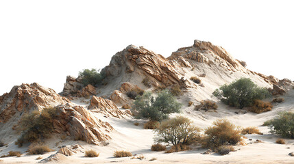 Rugged rocky desert landscape with sparse vegetation and rolling hills isolated on transparent background