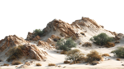 Rugged rocky desert landscape with sparse vegetation and rolling hills isolated on transparent background
