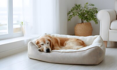 Old brown golden retriever relaxing on his pet bed
