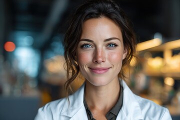 Smiling woman in lab coat with blue eyes and dark hair, close-up shot. Use it for medical, scientific, or healthcare related projects.
