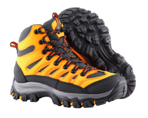Pair of orange hiking boots with rugged tread, padded collar, lace up closure, durable sole, and mesh panels for outdoor adventure and comfort