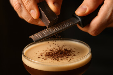 Chocolate shaving on coffee cocktail: A professional bartender expertly shaves fine chocolate flakes onto a creamy coffee cocktail, highlighting the rich textures and tempting flavors
