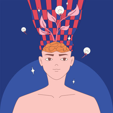 A calm figure with a brain blooming into flowers and creative thoughts, symbolizing inner peace and growth.