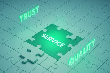 Service Excellence: Illuminated puzzle pieces representing key values of trust, service and quality fitting perfectly together, suggesting a seamless dedication to achieving excellence. 