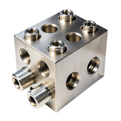  polished metal manifold block featuring multiple t on white isolated on white background PNG, AI GENERATED