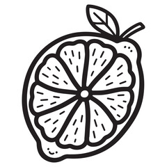 A black and white line art illustration of a charming lemon, depicted as a simple and appealing baby illustration suitable for coloring. 