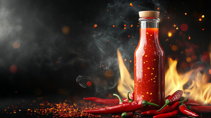 Spicy hot sauce bottle with chili peppers and fire background