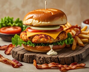 Juicy chicken burger with melted cheese and crispy bacon